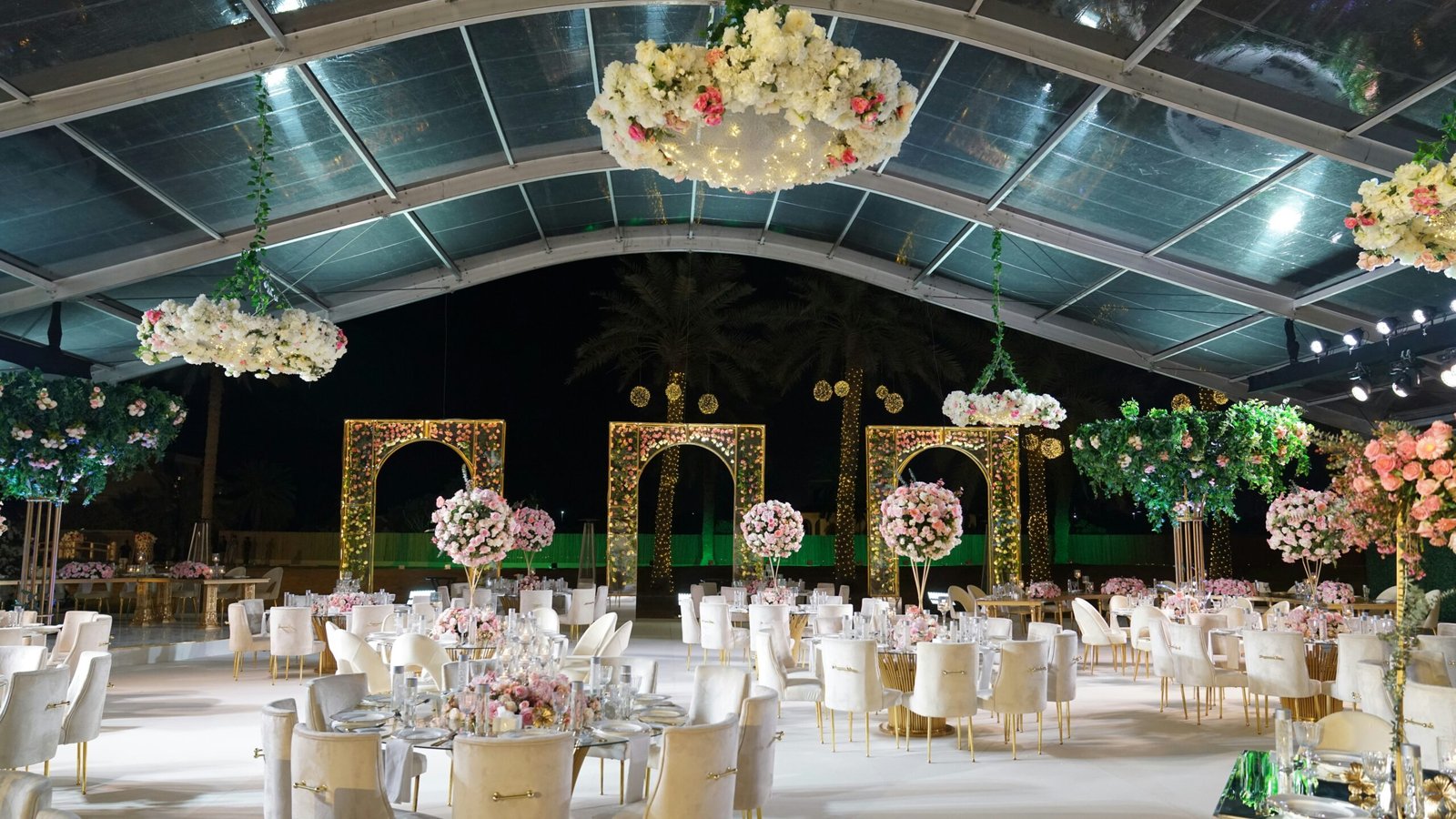 A banquet hall set up for a formal function